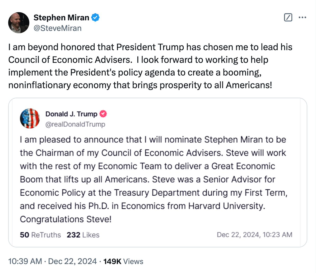 Trump Mencalonkan Stephen Miran yang Pro-Kripto Sebagai Ketua Dewan Penasihat Ekonomi